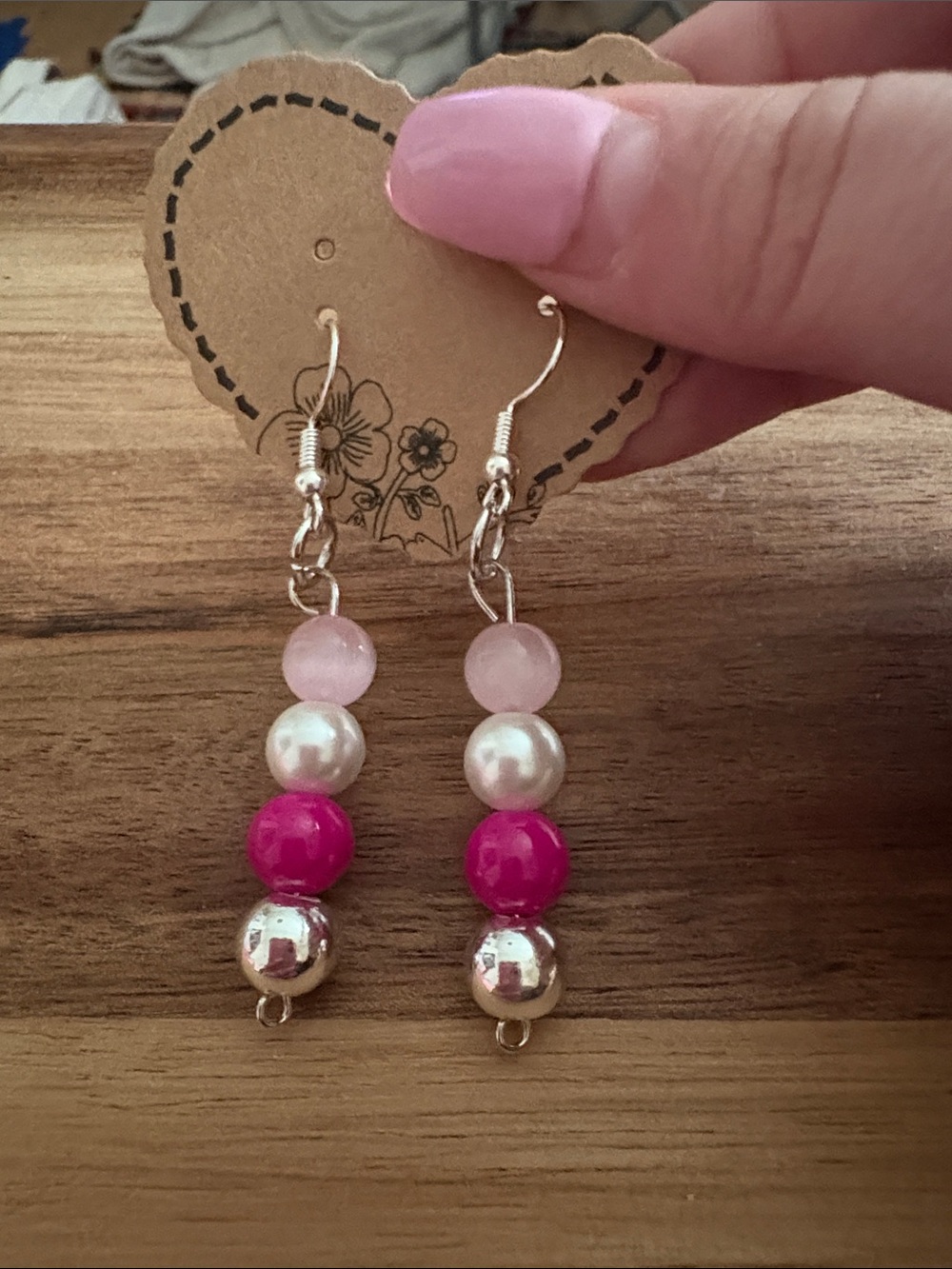 Handmade Beaded Drop Earrings in Pink, Silver, and Pearl